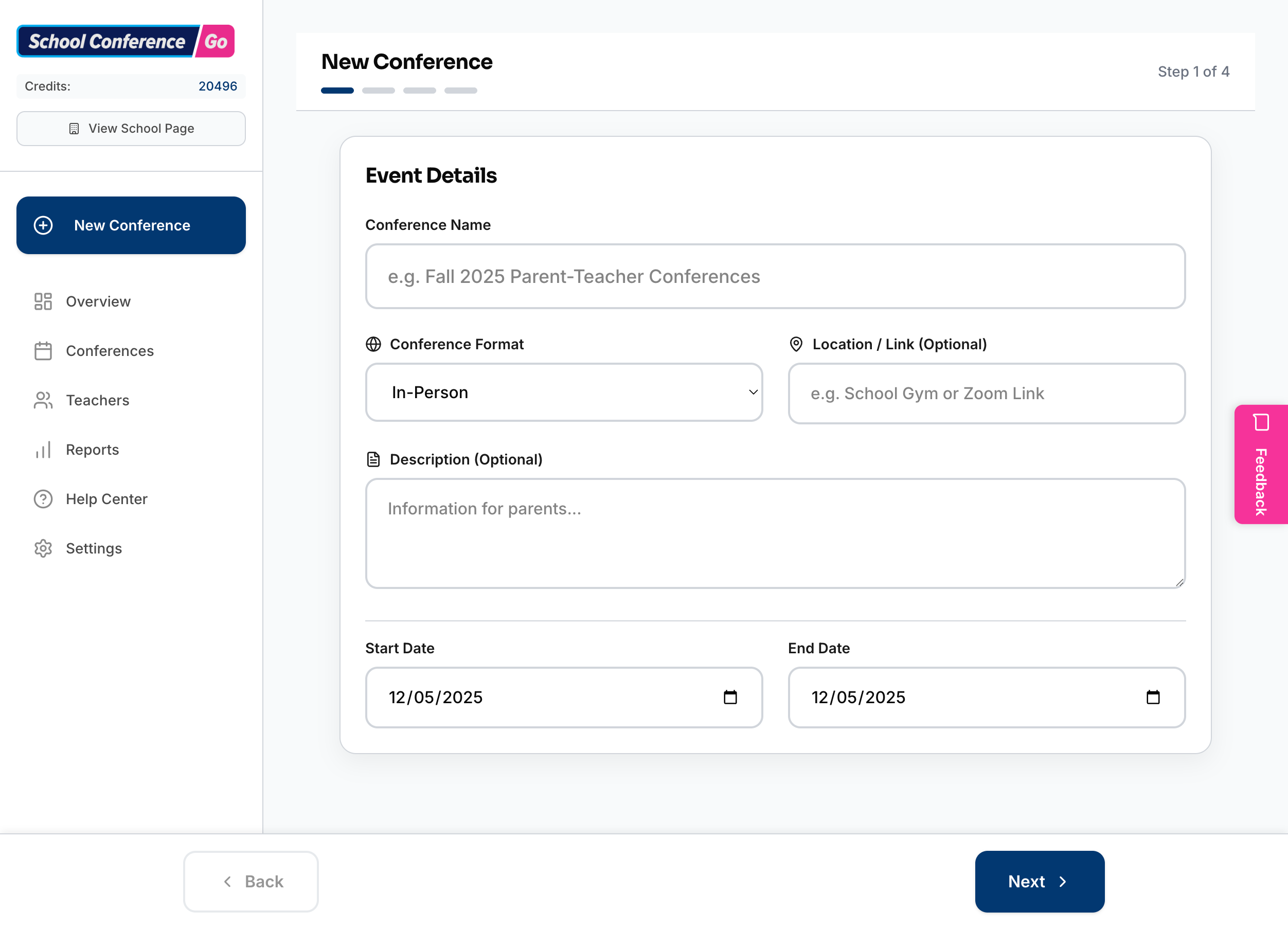 Admin dashboard for creating conferences